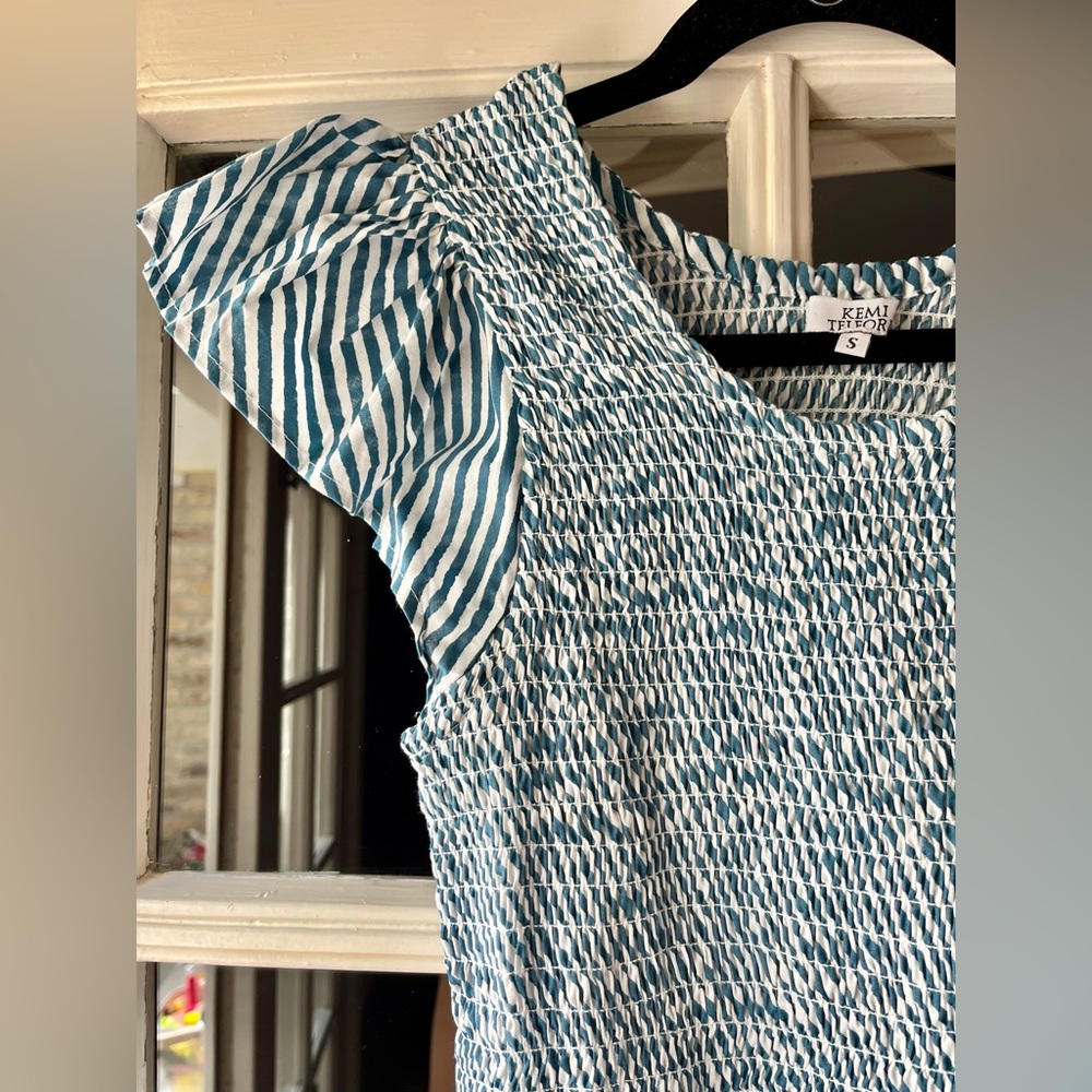 Kemi Telford blue gingham stripe smocked maxi dress